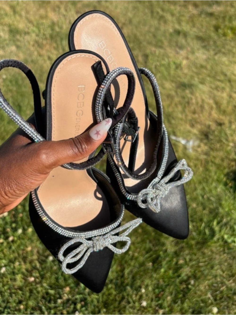 BCBG Black Pointed Toe Flats with Silver Crystal Bow and Ankle Straps